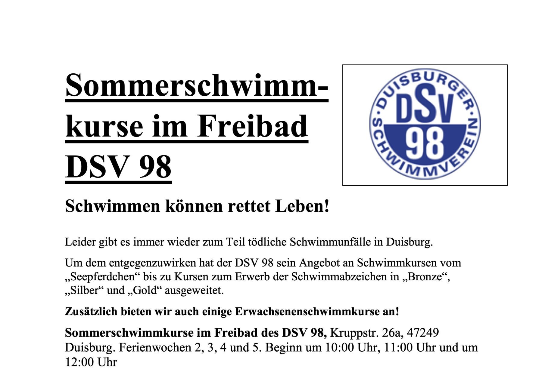 Sommerschwimmkurse im Freibad DSV 98